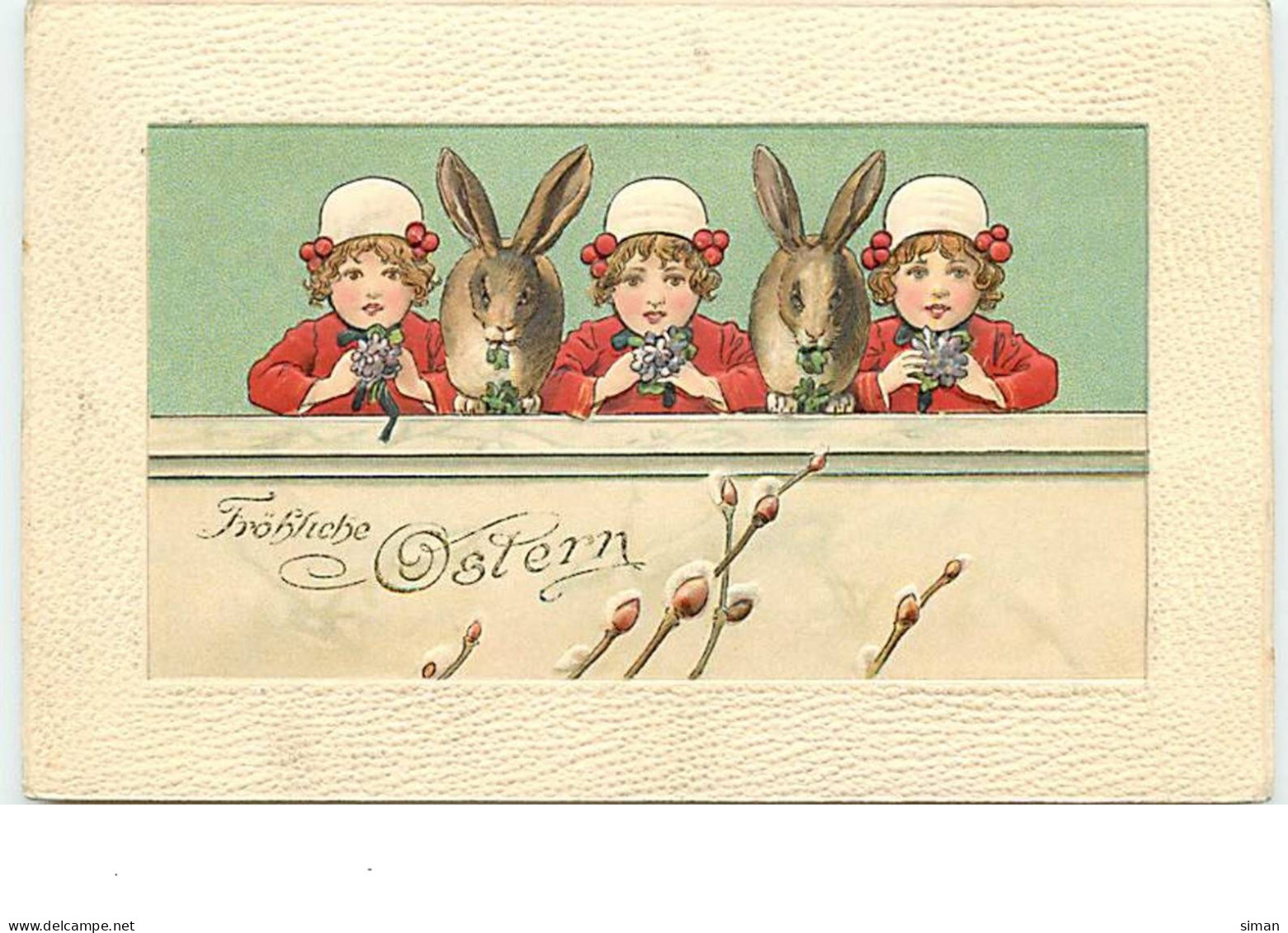 N°13692 - Carte Fantaisie Gaufrée - Fröhliche Ostern - Fillettes Et Lapins - Pâques