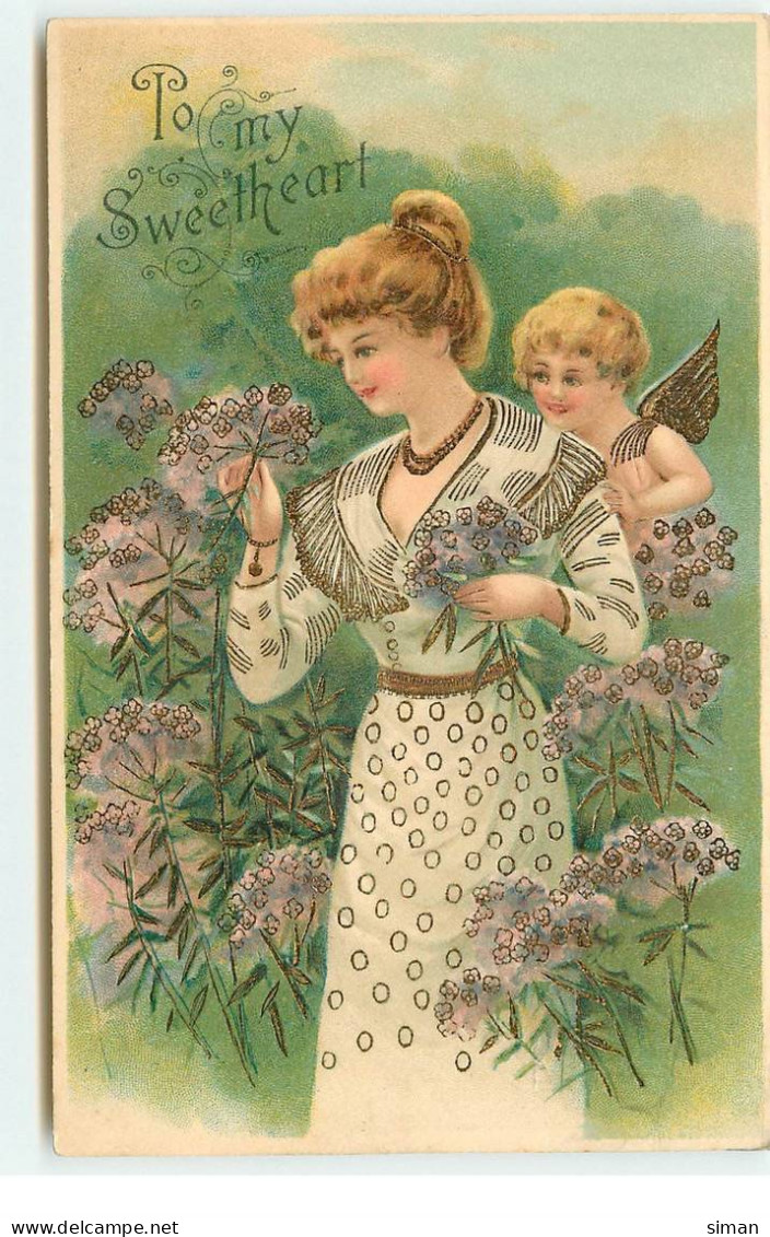 N°17192 - Carte Gaufrée - To My Sweet Heart - Jeune Femme Cueillant Des Fleurs, Avec Un Ange Sur Son épaule - Autres & Non Classés