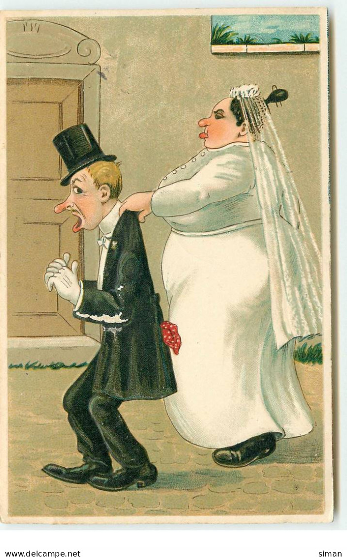 N°17193 - Carte Gaufrée - Mariée Retenant Son Mari Par Le Col - Autres & Non Classés