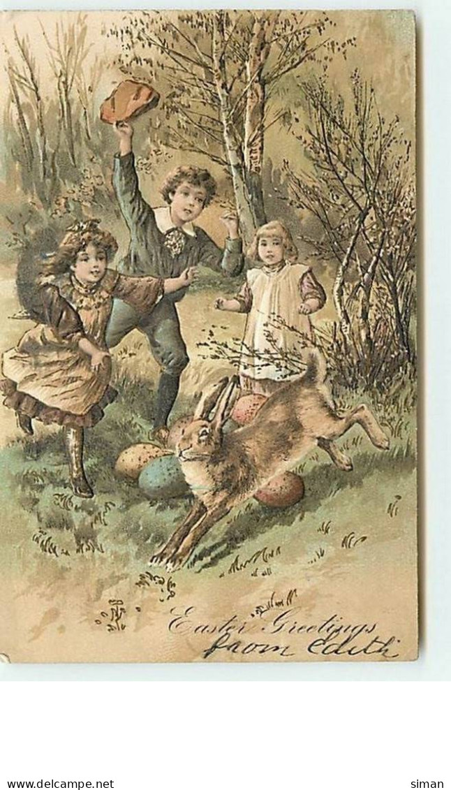 N°6343 - Carte Gaufrée - Easter Greetings - Enfants Courant Derrière Un Lièvre - Pâques