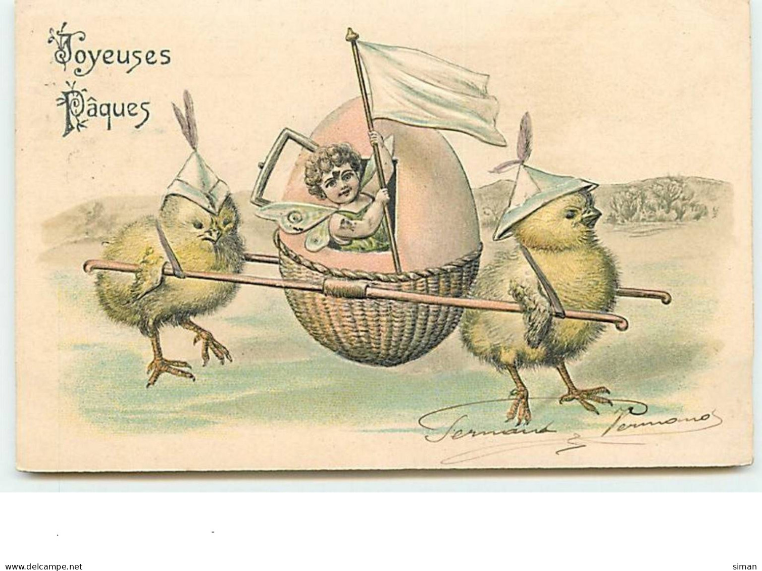 N°8446 - Carte Fantaisie Gaufrée - Joyeuses Pâques - Angelot Transporté Par Des Poussins - Pâques