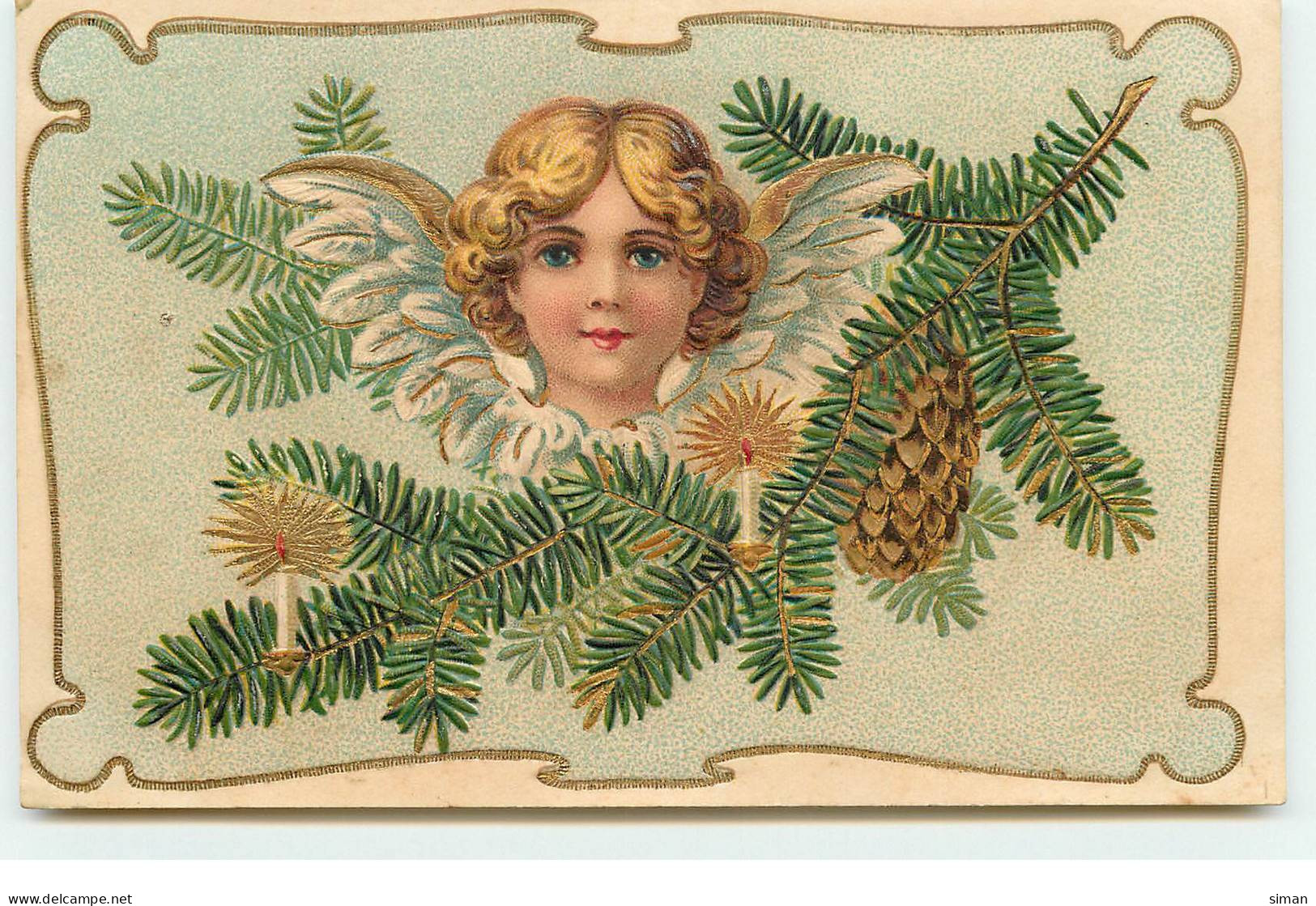 N°17196 - Carte Gaufrée - Portrait D'un Ange Sur Une Branche De Sapin - Andere & Zonder Classificatie