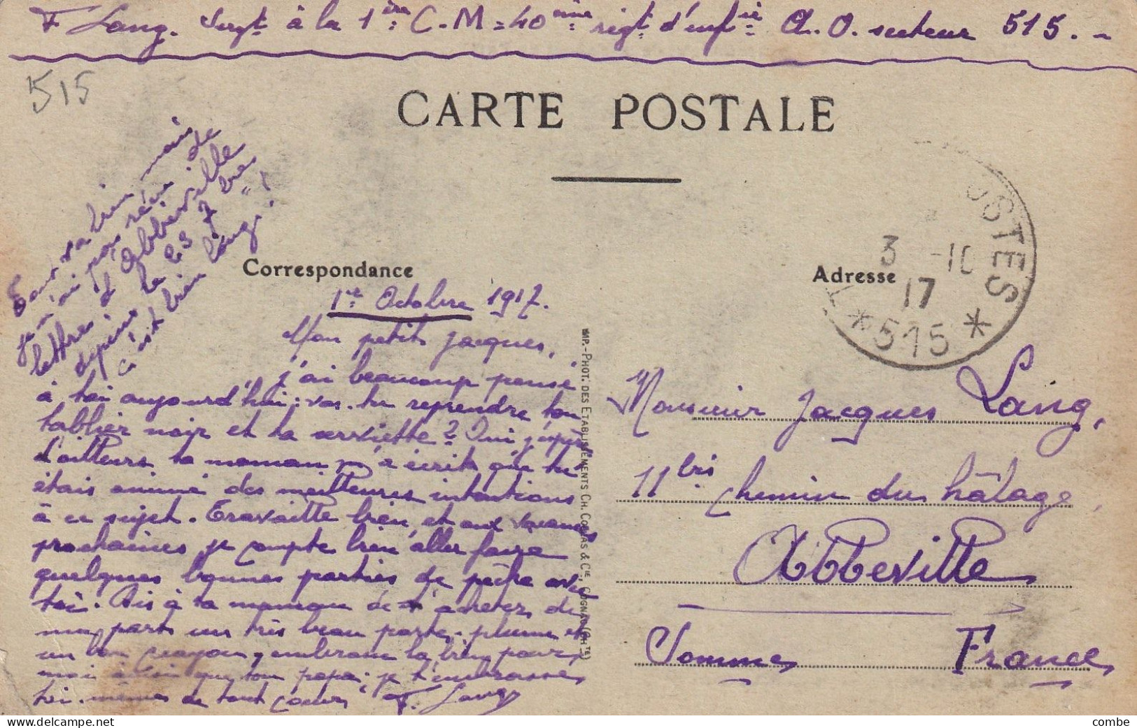 CARTE 1917. TRESOR ET POSTE 515. 30e Division D'infanterie Coloniale. BUKOVO. MACEDOINE - Used Stamps