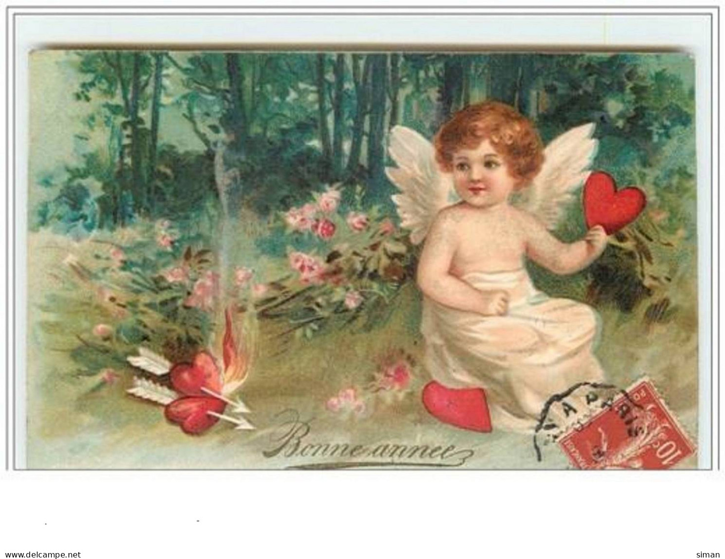 N°2736 - Carte Gaufrée - Clapsaddle - Bonne Année - Angelot Avec Des Coeurs - New Year