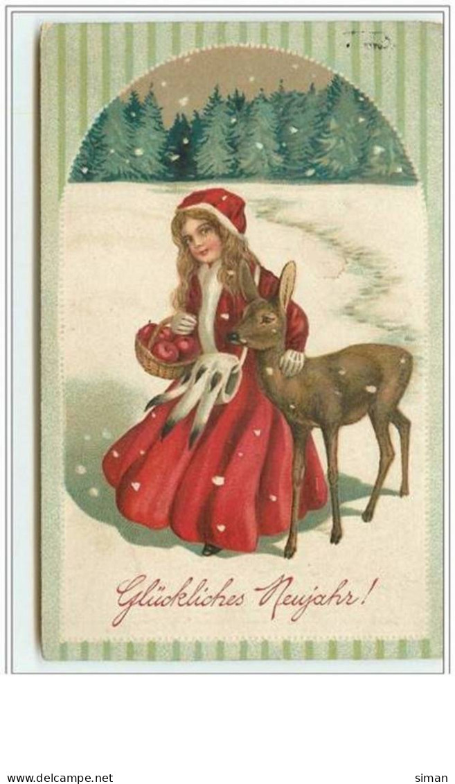 N°2848 - Carte Gaufrée - Glückliches Neujahr - Fillette Habillée En Rouge Avec Une Biche - New Year