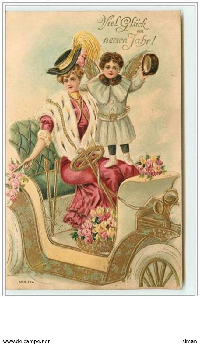 N°2873 - Carte Gaufrée - Viel Glück Im Neuen Jahr - Angelot Et Femme Dans Une Voiture - New Year