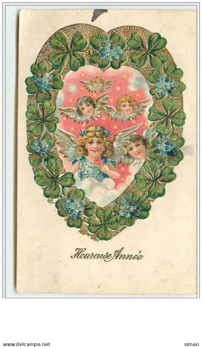 N°2874 - Carte Gaufrée - Heureuse Année - Têtes D'angelots Dans Un Coeur - New Year