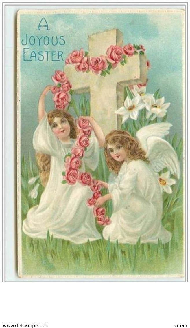 N°2929 - Carte Gaufrée - A Joyous Easter - Anges Et Croix - Pâques