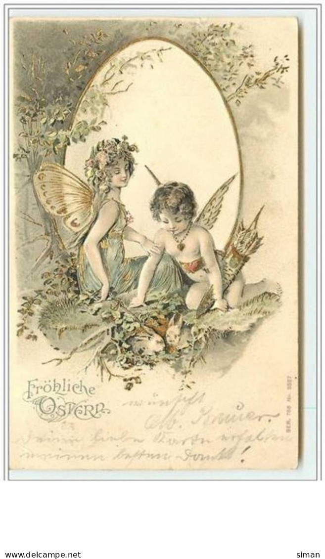 N°2928 - Carte Gaufrée - Fröhliche Ostern - Engelot - Cupidon - Pâques