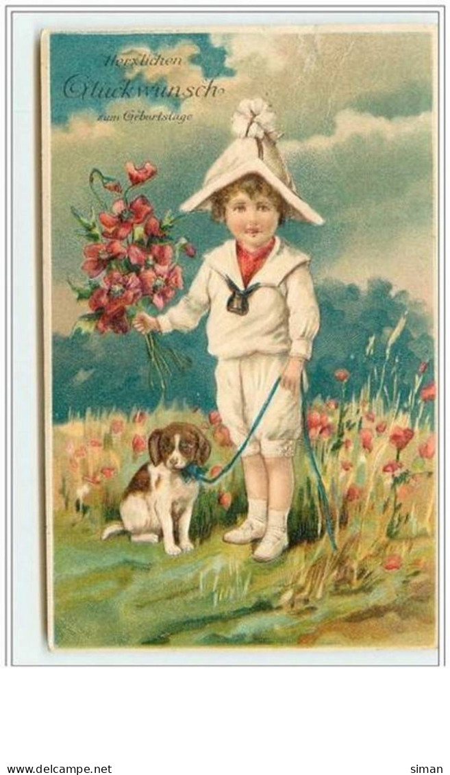 N°2935 - Carte Gaufrée - Garçon Avec Un Chien Et Un Bouquet De Coquelicot - Andere & Zonder Classificatie