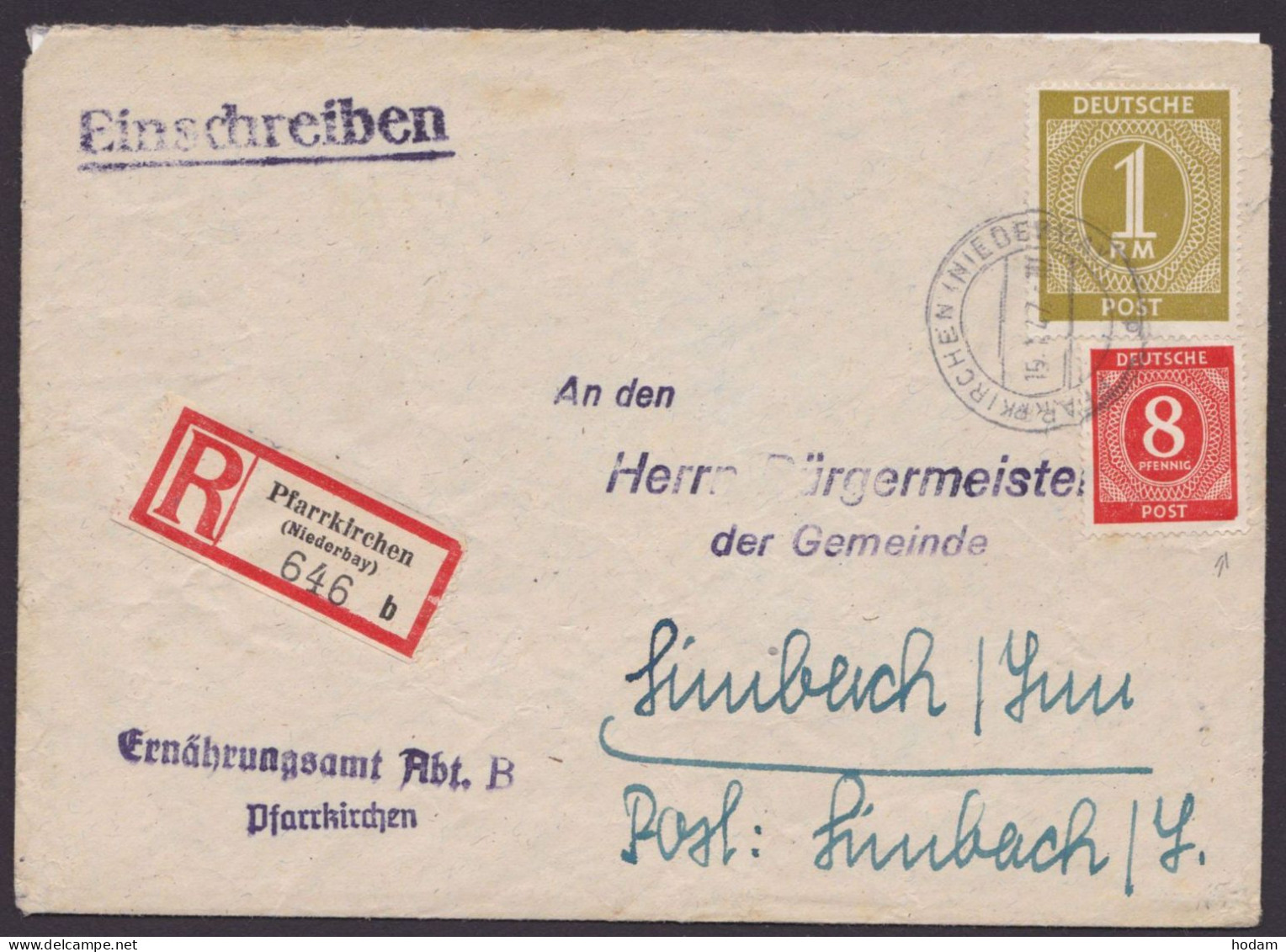 MiNr 917 I, 937, Plattenfehler Als MiF, Bedarfs-R-Brief "Pfarrkirchen", 15.1.47, Ankunft - Lettres & Documents