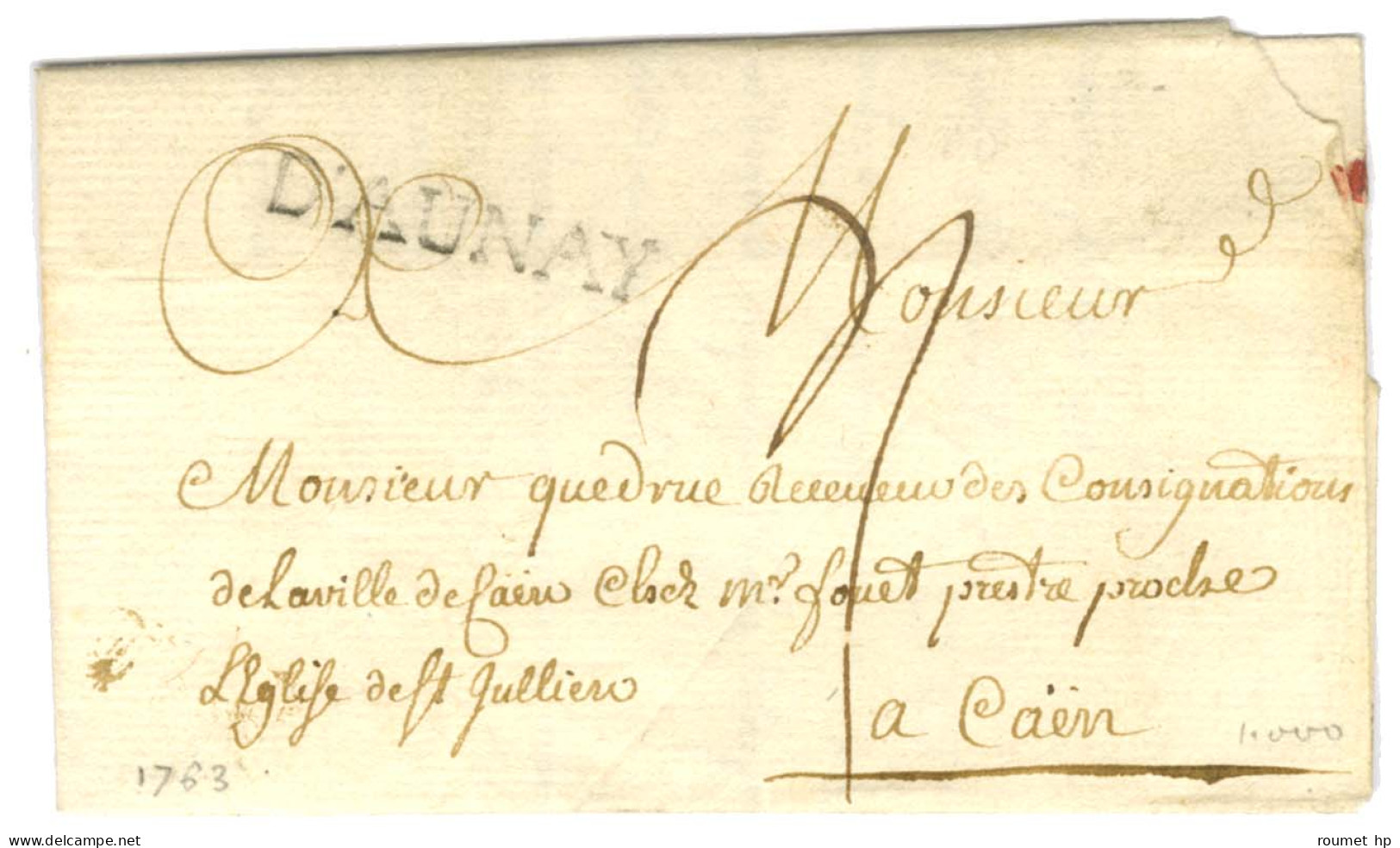 D'AUNAY (L N° 1) Sur Lettre Avec Texte Daté 1763 Pour Caen. - SUP. - Sonstige & Ohne Zuordnung