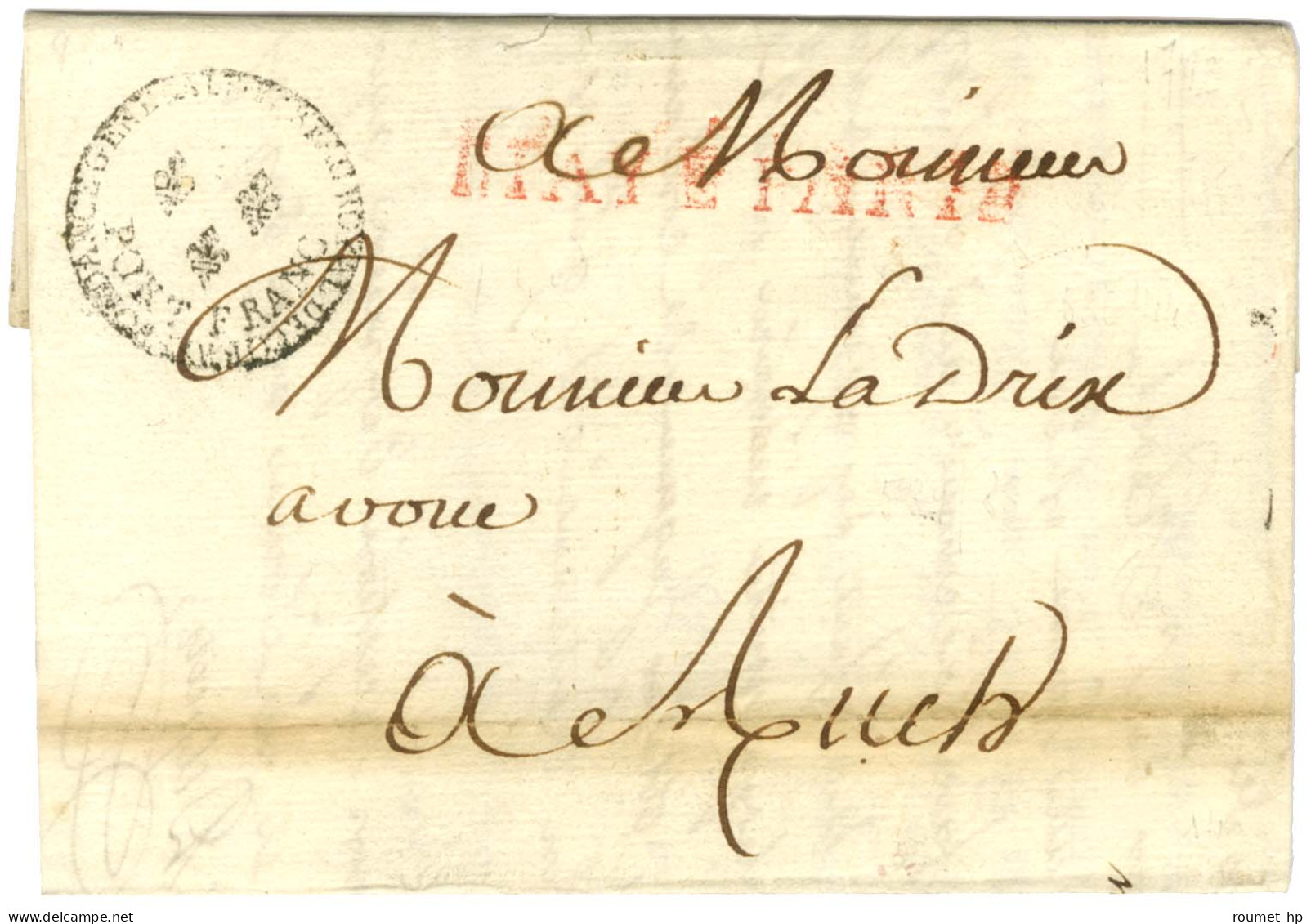 Marque Postale Ornée Fleurs De Lys BUREAU ROYAL DE CORRESPONDANCE GENERALE / PORT FRANC (S N° 9087) + P.PAYÉ PARIS Rouge - Ohne Zuordnung