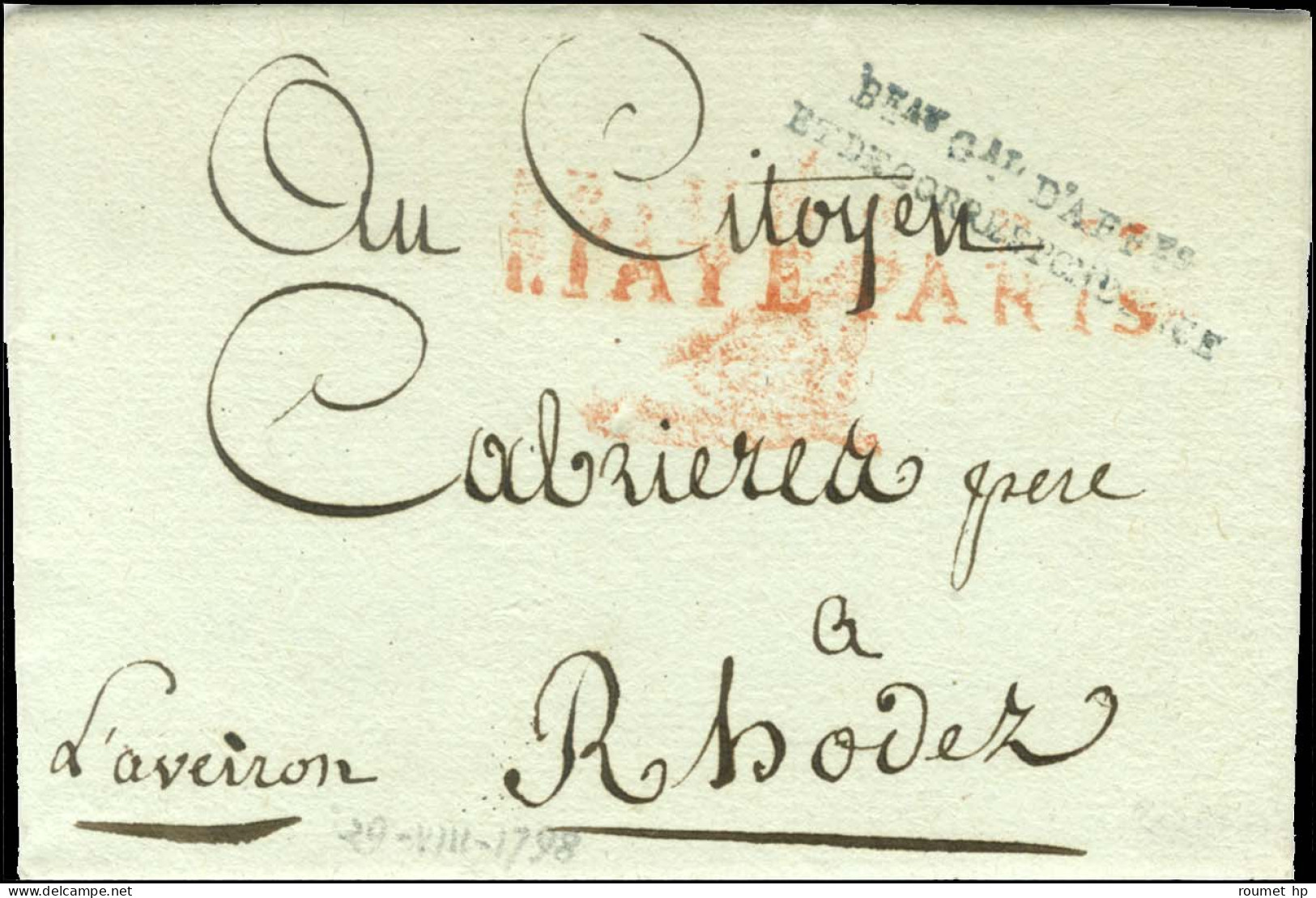 Beau Gal D'AFFes / ET DE CORRESPONDANCE Bleu (S N° 9141) Sur Lettre Avec Texte Daté Du 12 Fructidor An 6 Pour Rodez. - T - Sin Clasificación