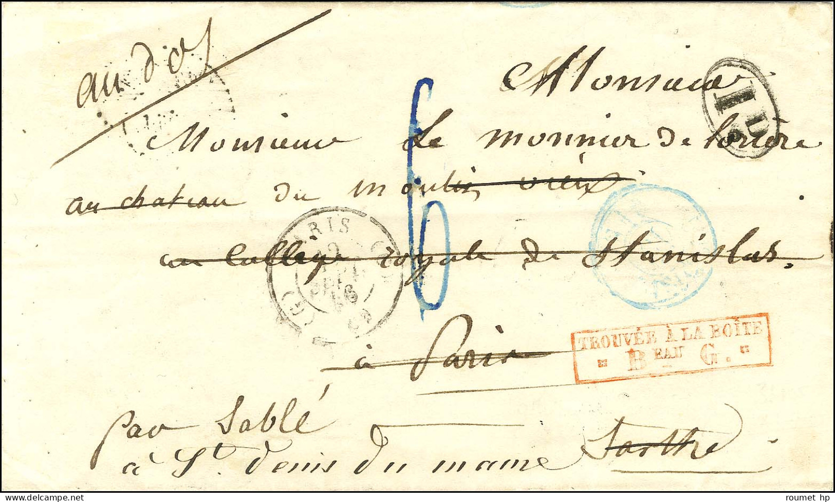 Lettre De Paris Pour Paris Réexpédiée à Sablé. Au Recto, Très Rare Griffe Encadrée Rouge TROUVEE A LA BOITE / Beau G. 18 - Autres & Non Classés