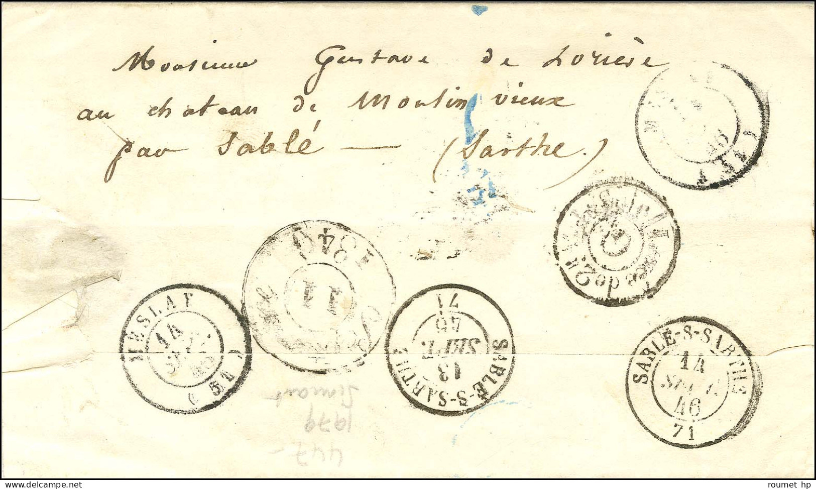 Lettre De Paris Pour Paris Réexpédiée à Sablé. Au Recto, Très Rare Griffe Encadrée Rouge TROUVEE A LA BOITE / Beau G. 18 - Autres & Non Classés