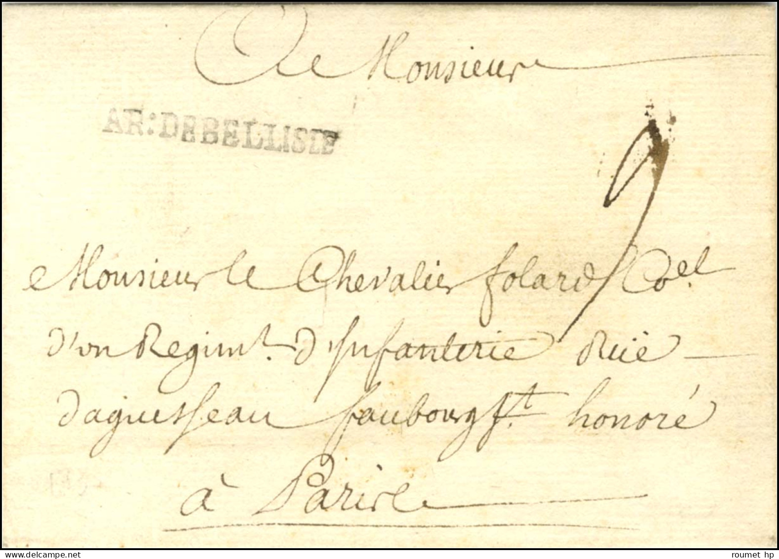 AR: DEBELLISLE (Armée De Belle Ile, N°SP2) Sur Lettre Sans Texte Pour Paris. Exceptionnelle Frappe. - SUP. - RR. - Armeestempel (vor 1900)