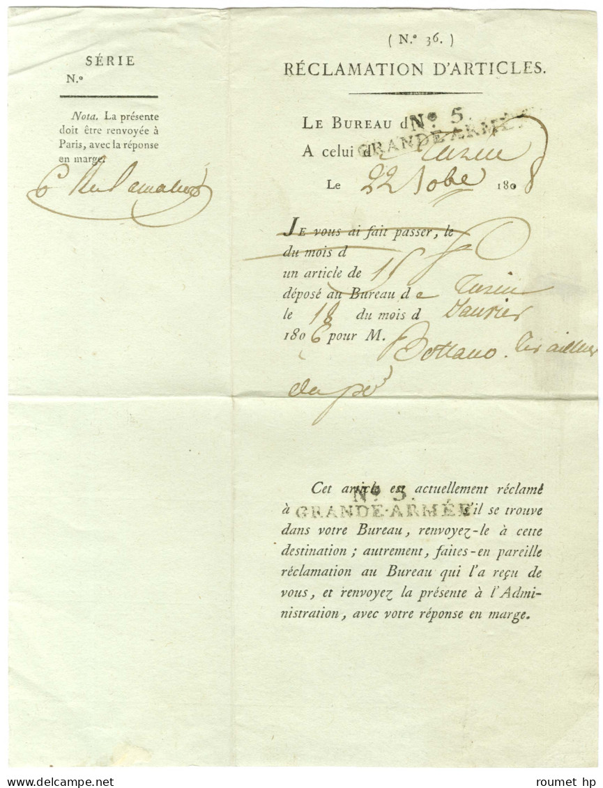 N° 5 / GRANDE ARMEE Sur Un Document De La Poste Concernant La Réclamation D'articles, Daté Du 22 Octobre 1808. - SUP. -  - Marques D'armée (avant 1900)