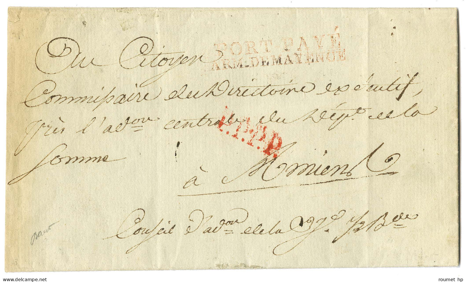 PORT PAYE / ARM. DE MAYENCE Rouge Sur Lettre Avec Texte Daté Du 14 Thermidor An 6 Pour Amiens. - TB / SUP. - Army Postmarks (before 1900)