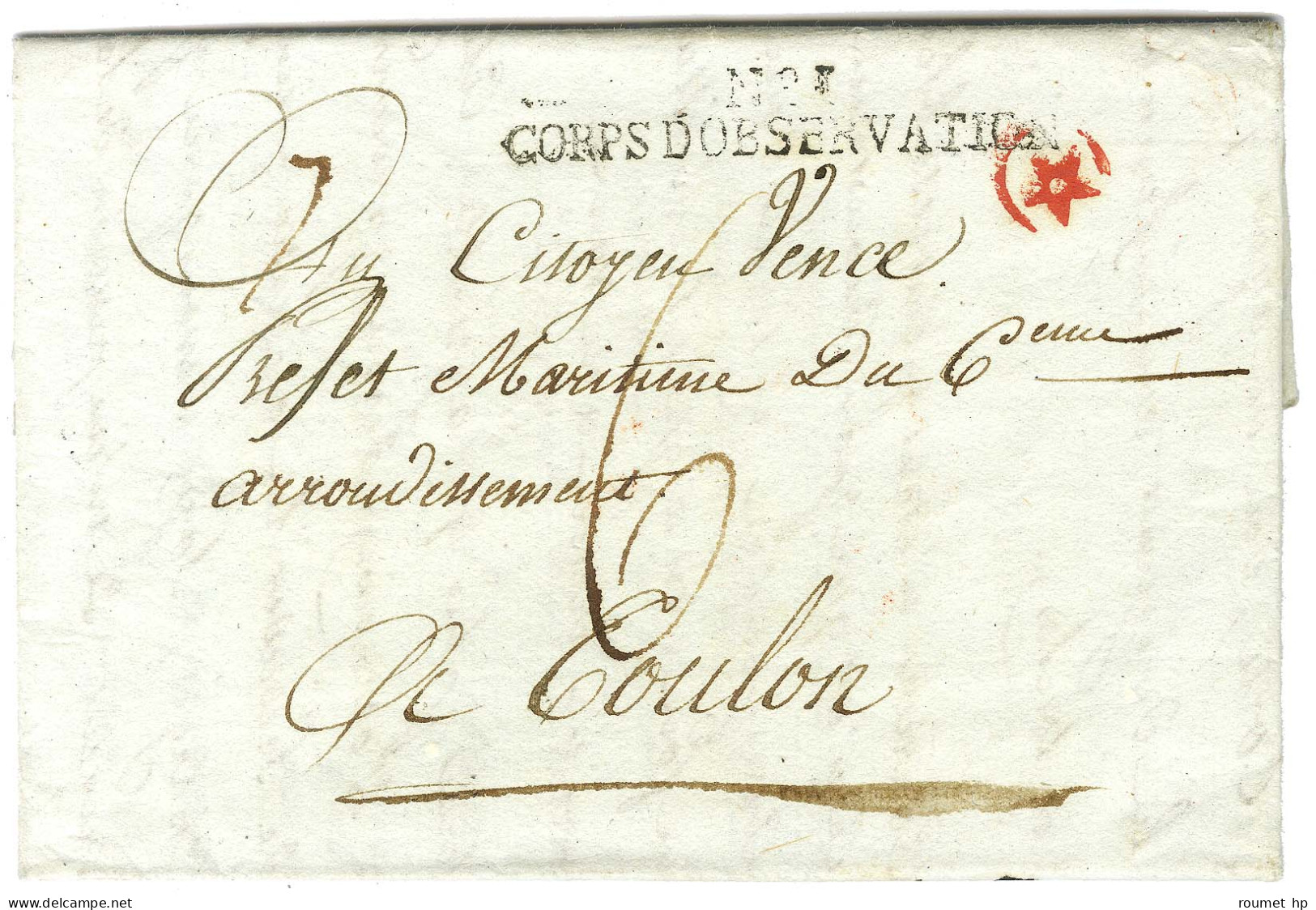 N° 1 CORPS D'OBSERVATION Sur Lettre Avec Texte Daté De Tarente An 9 Pour Toulon. Au Recto, Marque D'arrivée étoile Rouge - Army Postmarks (before 1900)