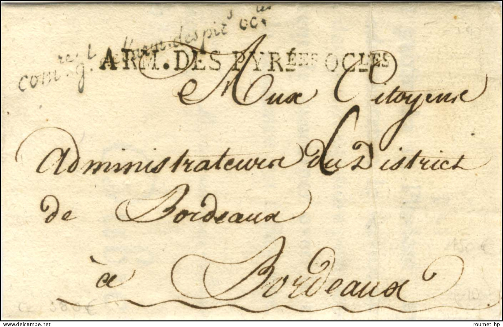 ARM.DES PYRées OCles Sur Lettre Avec Texte Daté De Bayonne Le 6 Prairial An 3 Pour Bordeaux. - SUP. - R. - Bolli Militari (ante 1900)