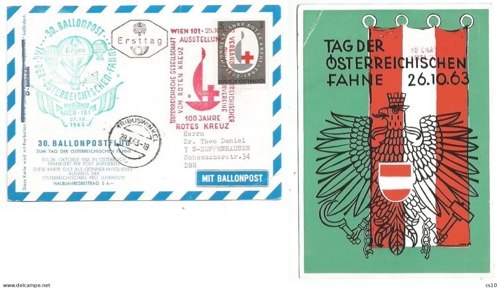 Red Cross Centennial Balloonpost FDC Austria Issue Official Pcard - Croix-Rouge
