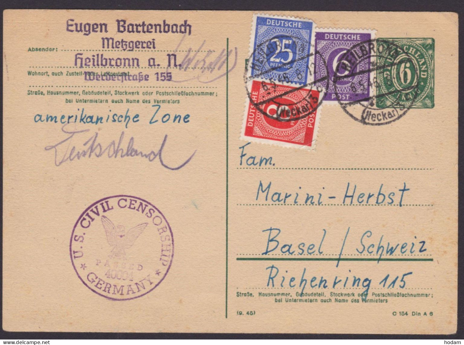 MiNr 926 U.a., Portoger. MiF Auf Ganzsache In Die Schweiz, US-Zensur - Cartas & Documentos