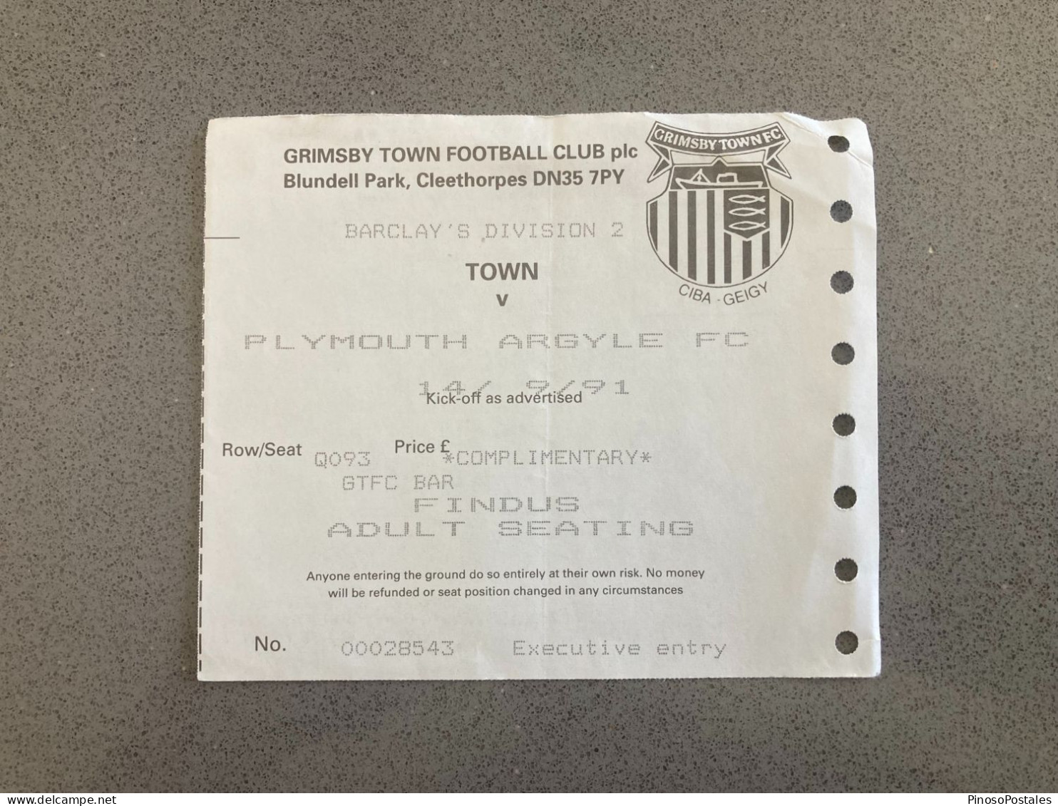 Grimsby Town V Plymouth Argyle 1991-92 Match Ticket - Tickets D'entrée