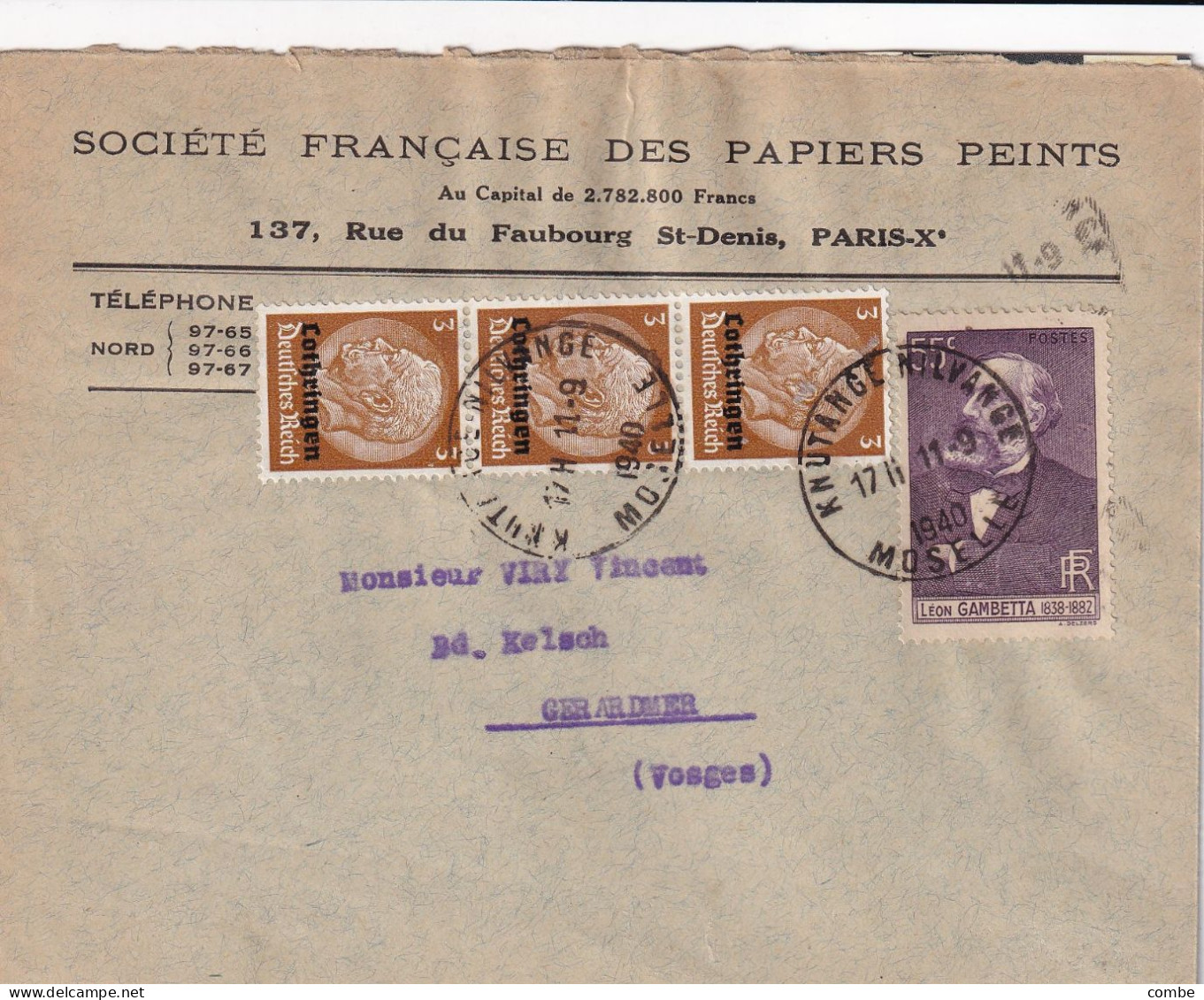 LETTRE 11 9 1940. AFFRANCHISSEMENT MIXTE. KNUTANGE NILVANGE POUR GERARDMER - Lettres & Documents
