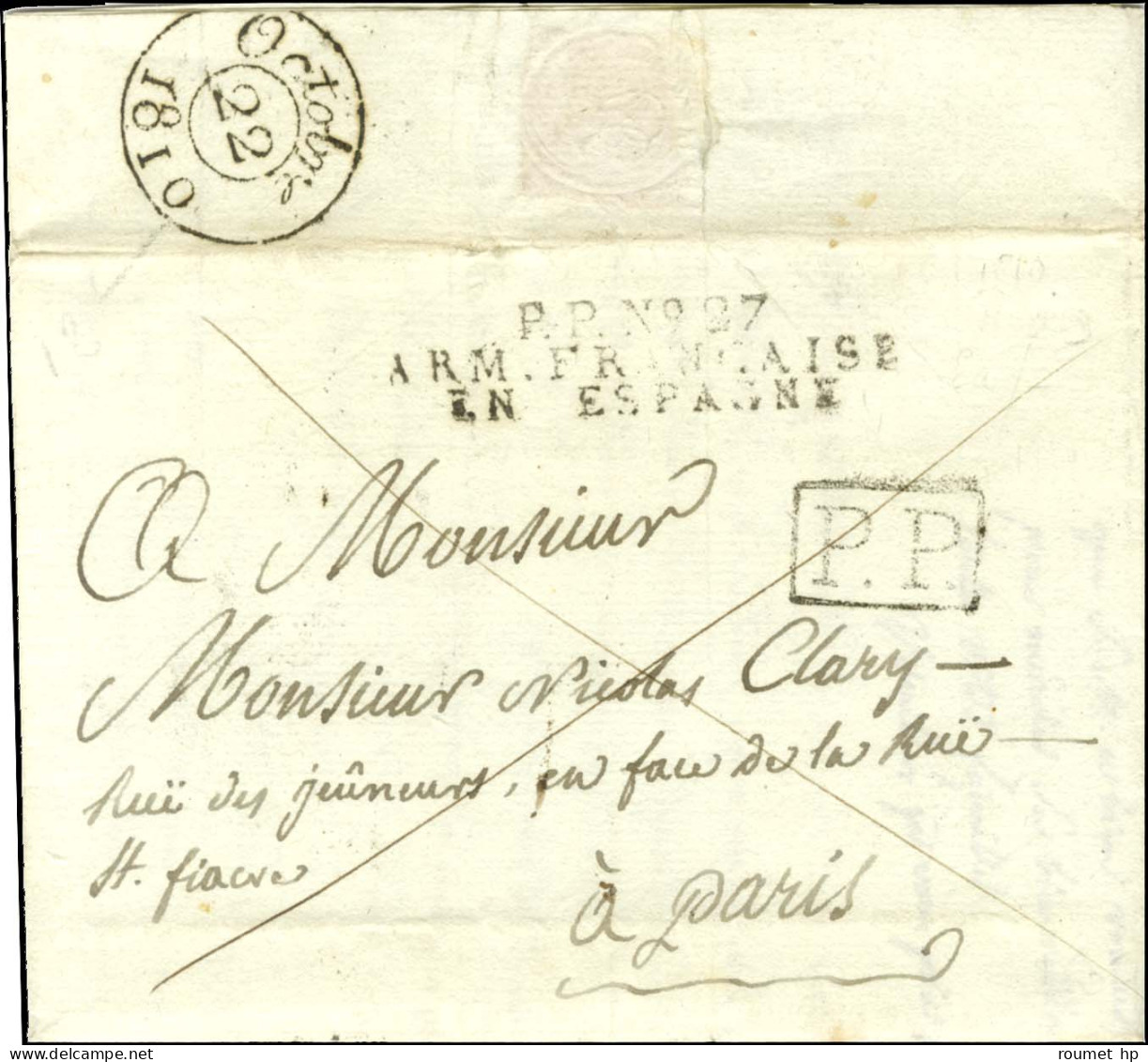 P.P. N° 27 / ARM. FRANCAISE / EN ESPAGNE + P.P. Encadré Sur Lettre Avec Texte Daté De Madrid Le 1er Octobre 1810 Pour Pa - Legerstempels (voor 1900)