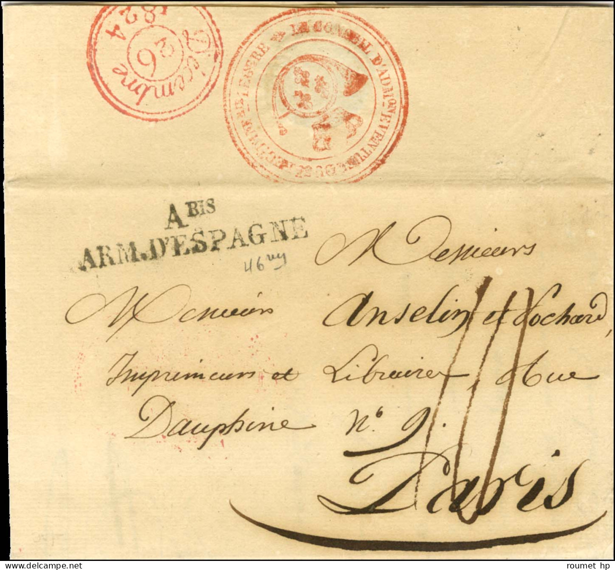 Abis / ARM. D'ESPAGNE Sur Lettre Avec Texte Daté De Saint Sébastien Le 20 Décembre 1824 Pour Paris. Au Verso, Beau Cache - Bolli Militari (ante 1900)