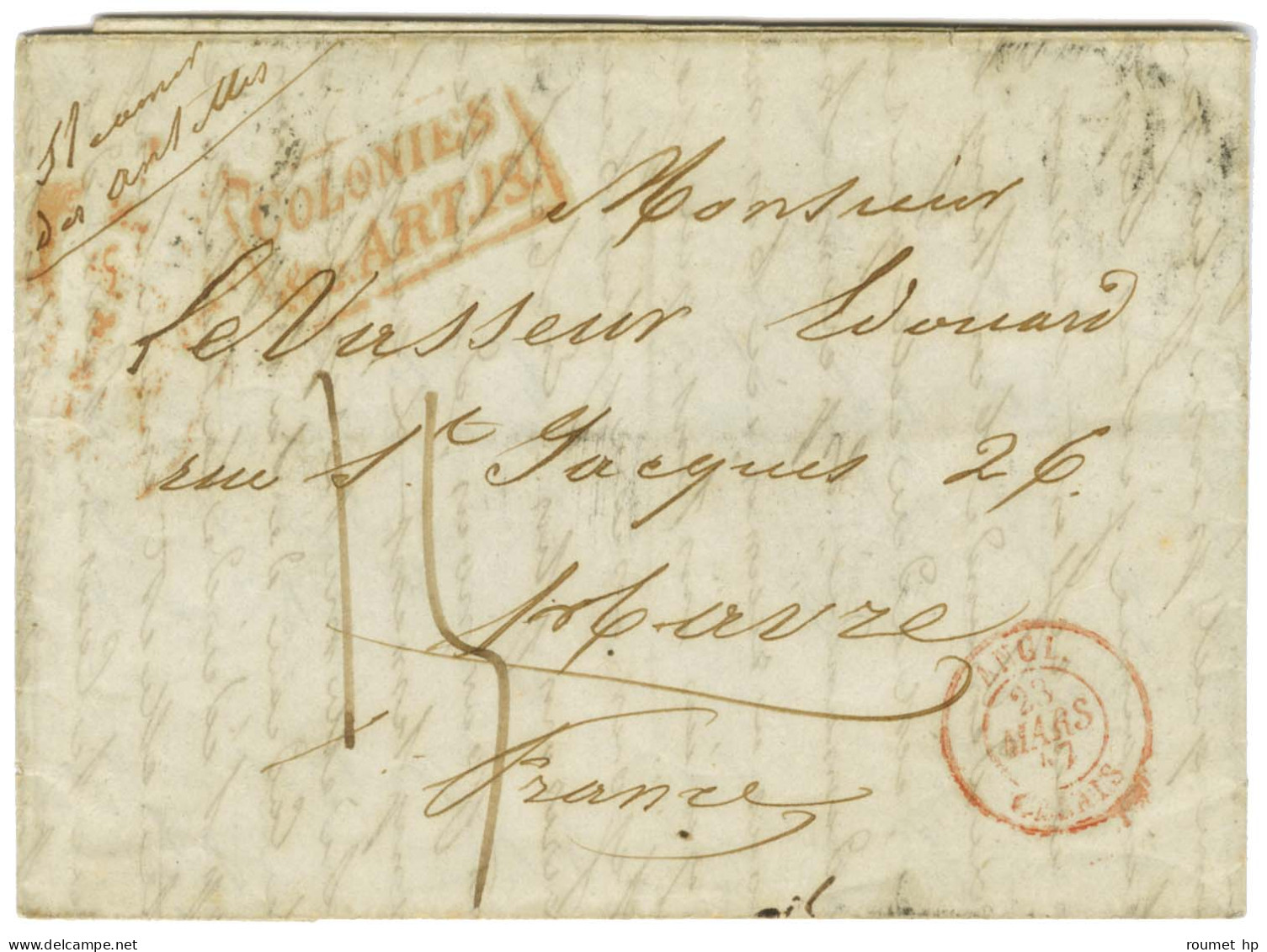 Lettre Avec Texte Daté De Jacmel Pour Le Havre, Au Verso Càd Du Bureau Anglais JACMEL, Au Recto COLONIES / ART.13. 1847. - Andere & Zonder Classificatie