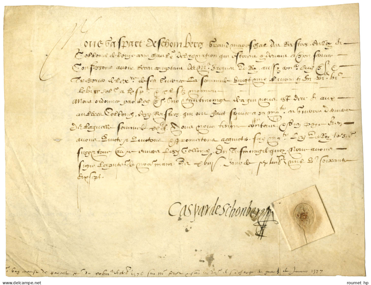 SCHOMBERG Gaspard De (1540-1599), Diplomate Et Surintendant Des Finances. - Sonstige & Ohne Zuordnung