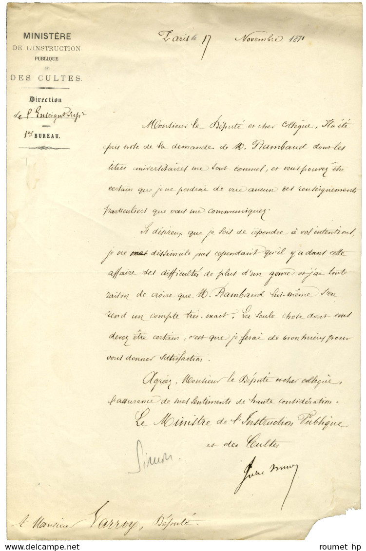 SIMON Jules, Jules François Simon Suisse, Dit (1814-1896), Philosophe Et Homme D'état. - Sonstige & Ohne Zuordnung