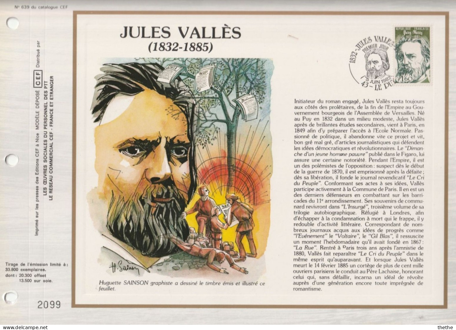 FRANCE - 150e Anniversaire De La Naissance De Jules Vallès (1832-1885), écrivain Et Journaliste- N° 638 Du Catalogue CEF - 1980-1989