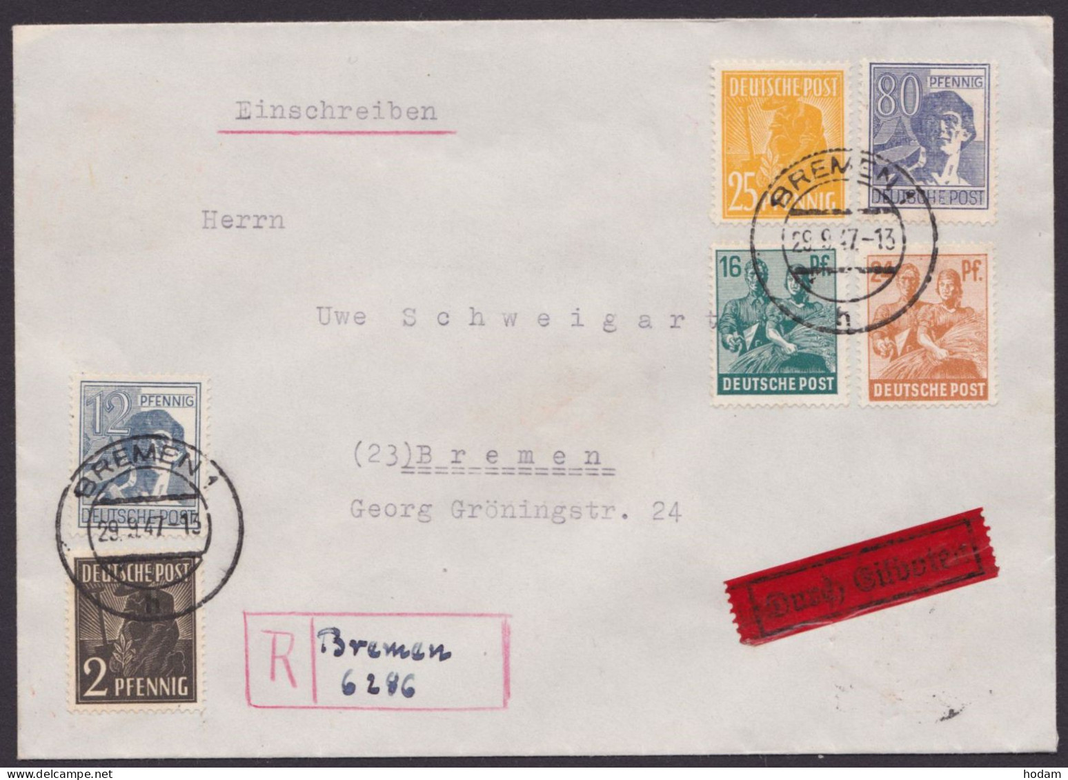 Aus MiNr 943/57, Dek. MiF Mit 6 Werten, Orts-R-Eilboten "Bremen", 29.9.47 - Storia Postale