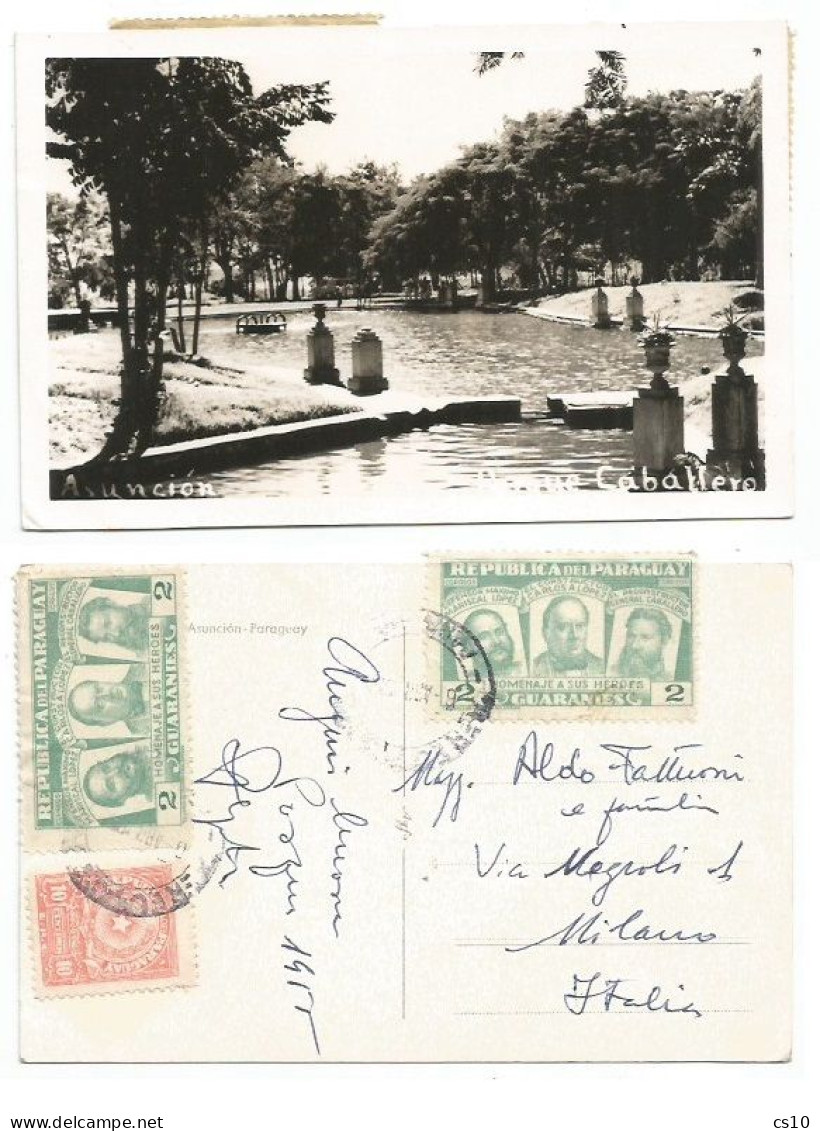 Paraguay 6apr1955 Pcard Asuncion Parque Caballero To Italy With Heroes G.2 (x2) + C.10 Coat-of-arms - Paraguay