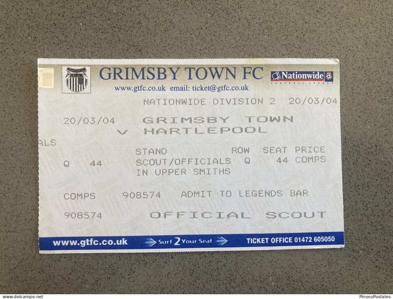 Grimsby Town V Hartlepool United 2003-04 Match Ticket - Eintrittskarten