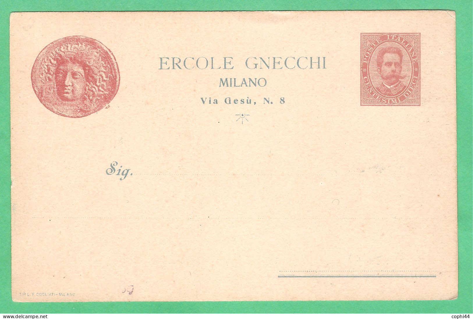 REGNO D'ITALIA 1894 CARTOLINA POSTALE COMMISSIONE PRIVATA ERCOLE GNECCHI MONETA D 10 C (FILAGRANO CC3-5A) NUOVA - Entero Postal