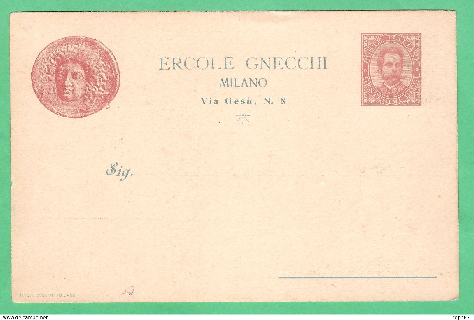 REGNO D'ITALIA 1894 CARTOLINA POSTALE COMMISSIONE PRIVATA ERCOLE GNECCHI MONETA D 10 C (FILAGRANO CC3-5A) NUOVA - Interi Postali