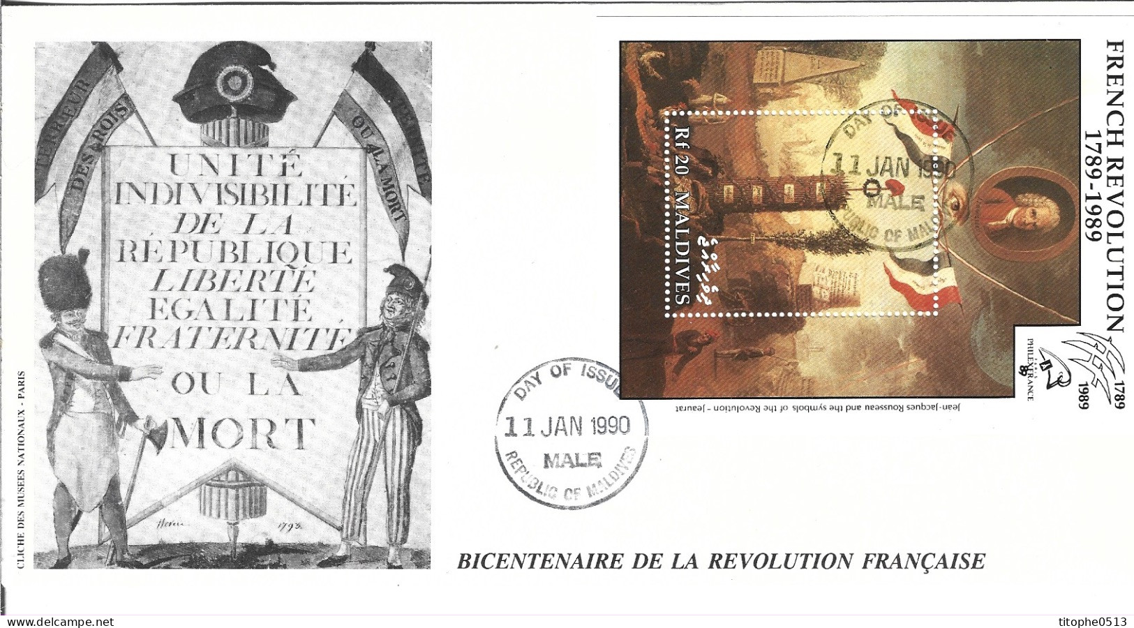 MALDIVES. BF 161 De 1989 Sur Enveloppe 1er Jour. Rousseau Et Les Symboles De La Révolution. - Revolución Francesa