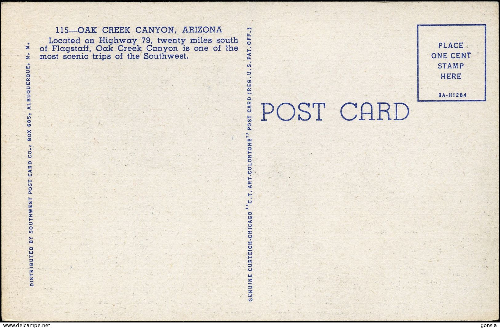 ARIZONA OAK CREEK CANYON 1950 "Location On Highway 79" - Andere & Zonder Classificatie