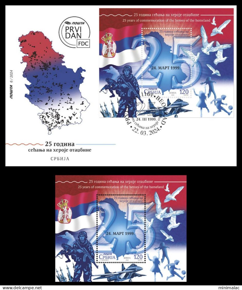 Serbia 2024. 25 Years Of Commemoration Of The Heroes Of The Homeland Soldier Fighter Plane Birds, Flag, FDC + Block, MNH - Militaria