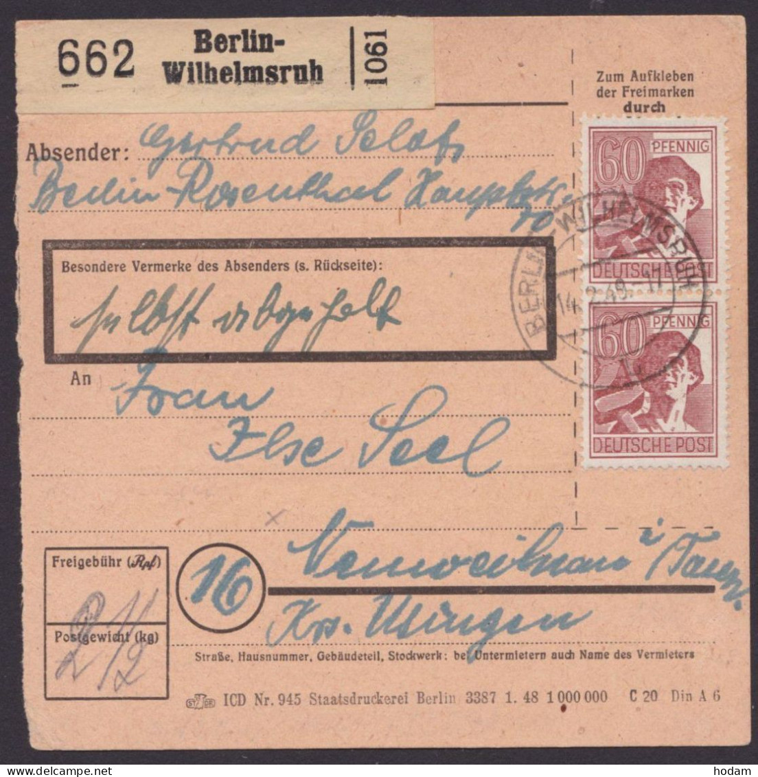 A956, MeF Mit 2 Werten, Paketkarte "Berlin-Wilhelmsruh", 14.2.49 - Briefe U. Dokumente