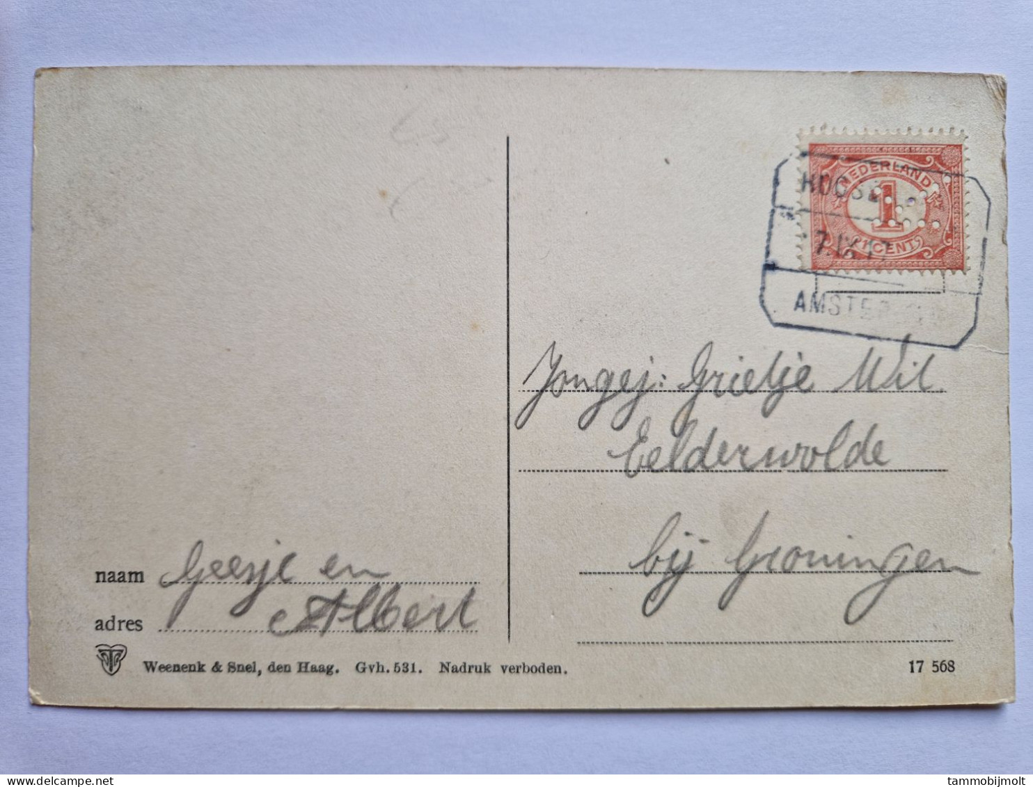 Netherlands. Postal Card From Den Haag To Eelderwolde, Groningen. NVPH 51 With Perfin K 1 - Den Haag ('s-Gravenhage)