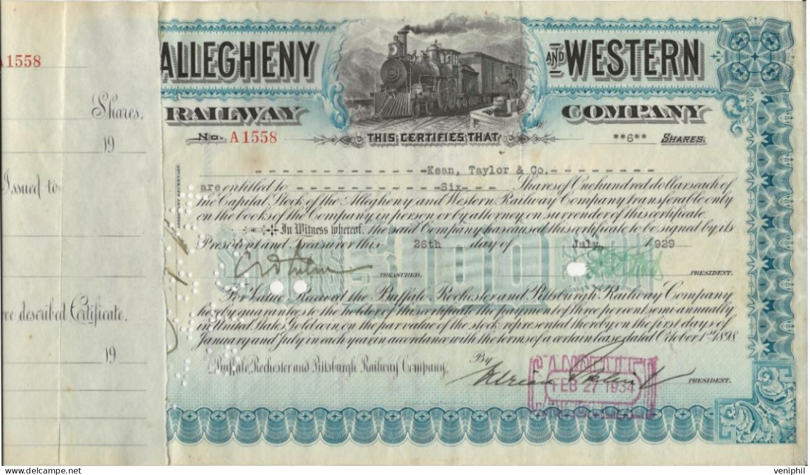 ETATS-UNIS - CERTIFICAT CHEMIN DE FER -ALLEGHENY AND WESTERN COMPAGNIE 1934 - Ferrocarril & Tranvías