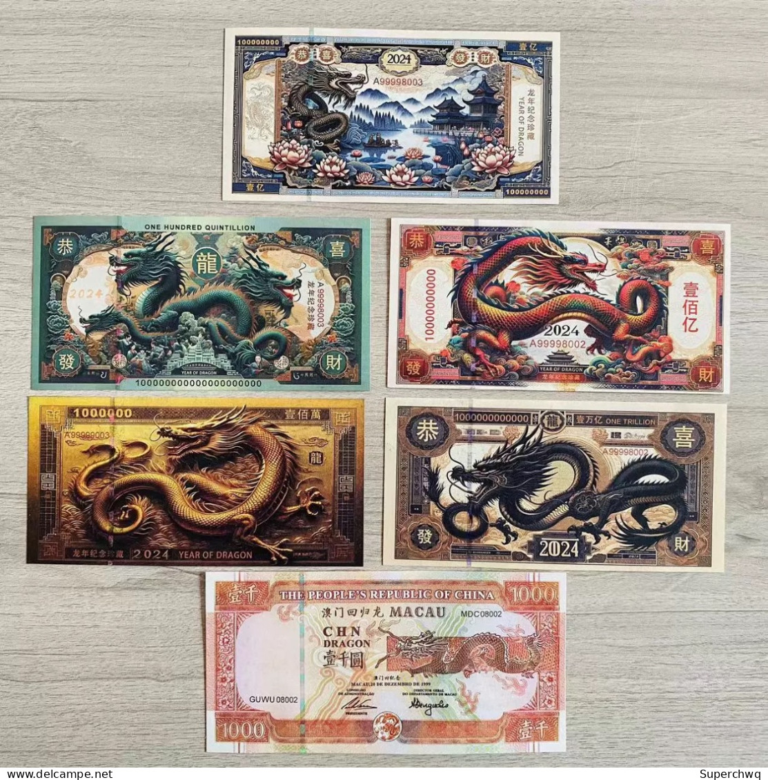 China Banknote Collection,6 Piece Suit The Year Of The Loong Congratulations And Fortune Commemorative Fluorescent Bankn - Cina