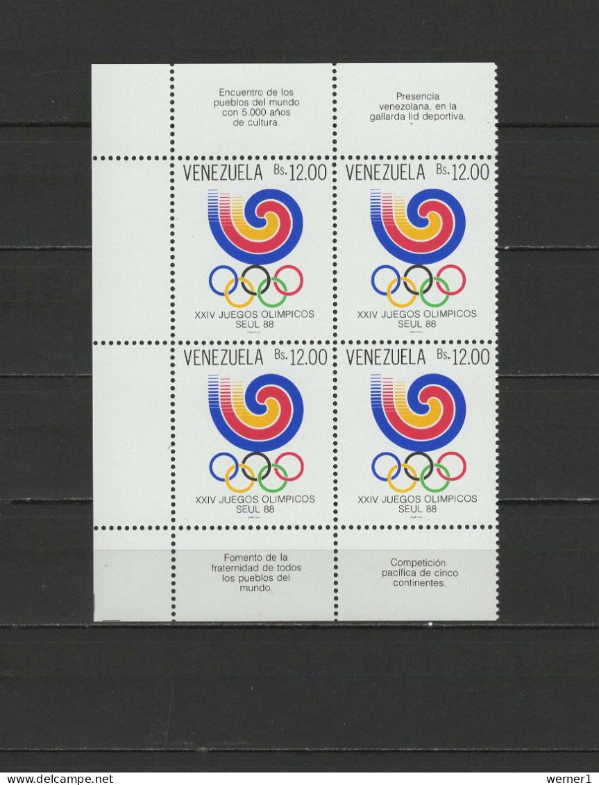 Venezuela 1988 Olympic Games Seoul, Block Of 4 MNH - Sommer 1988: Seoul