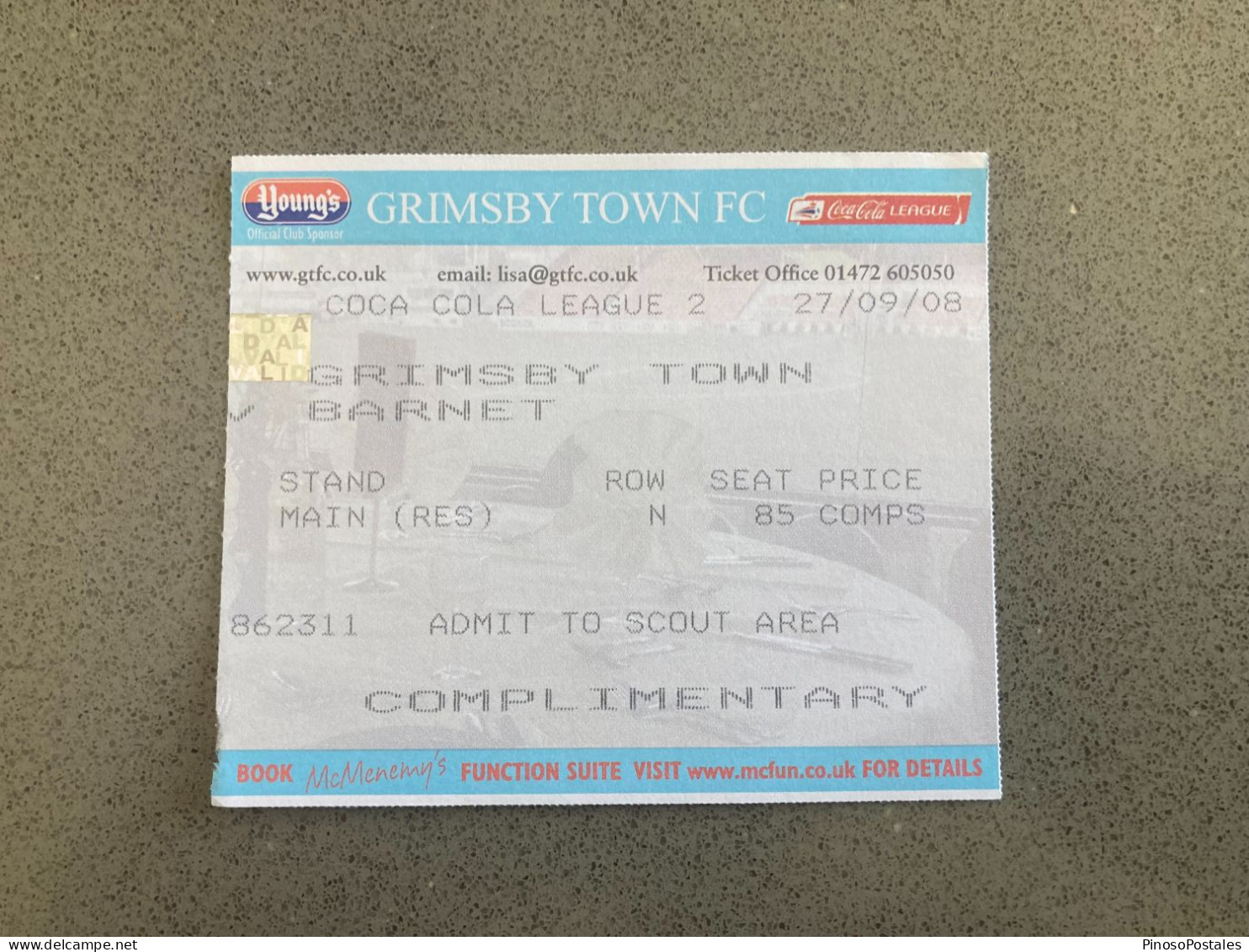 Grimsby Town V Barnet 2008-09 Match Ticket - Tickets D'entrée