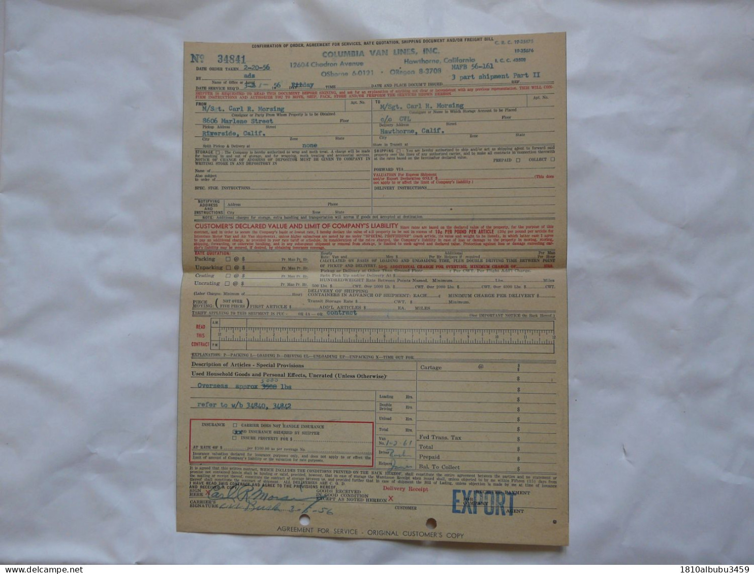 VIEUX PAPIERS - RECEPISSE COLOMBIA VAN LINES,INC. - Historical Documents